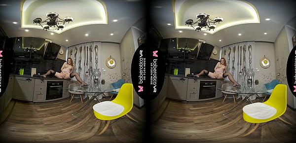 Solo red haired chick, Candy Red is masturbating, in VR